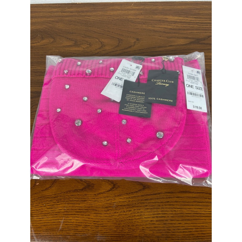 NWT‎ Charter Club Cashmere Embellished Beanie and Scarf Set Fierce Pink One Size